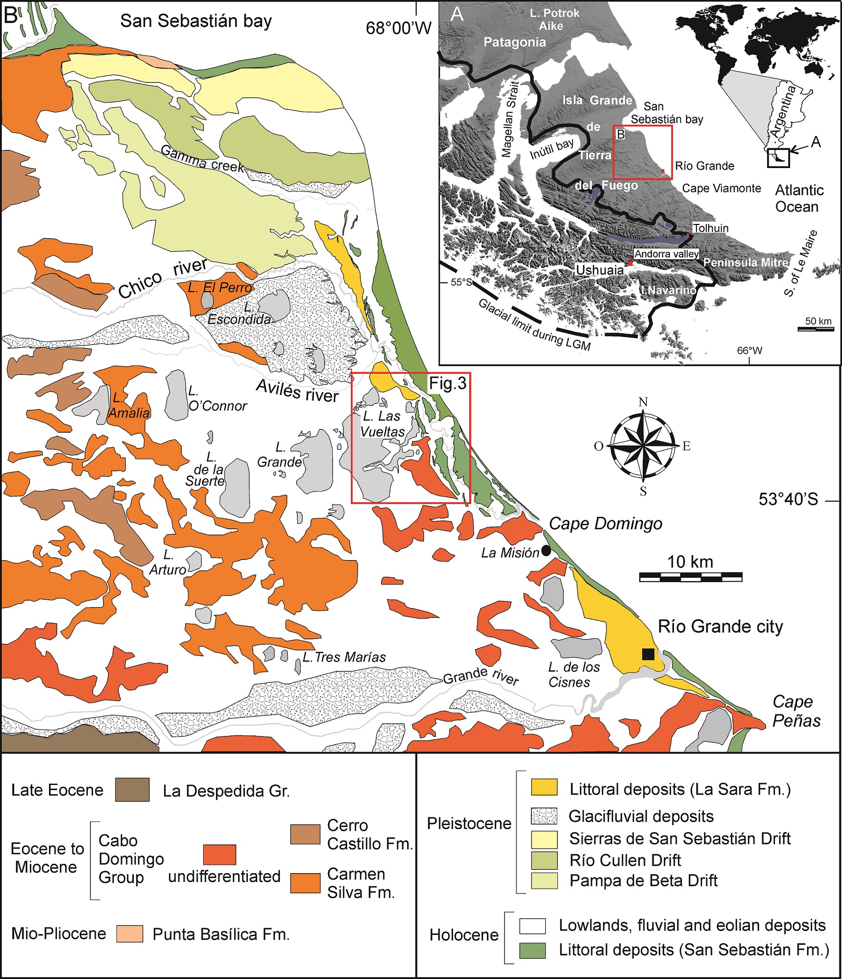 Bathymetric map of Laguna Potrok Aike with positions of obtained