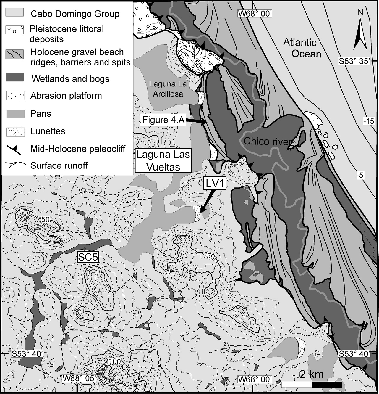 Bathymetric map of Laguna Potrok Aike with positions of obtained